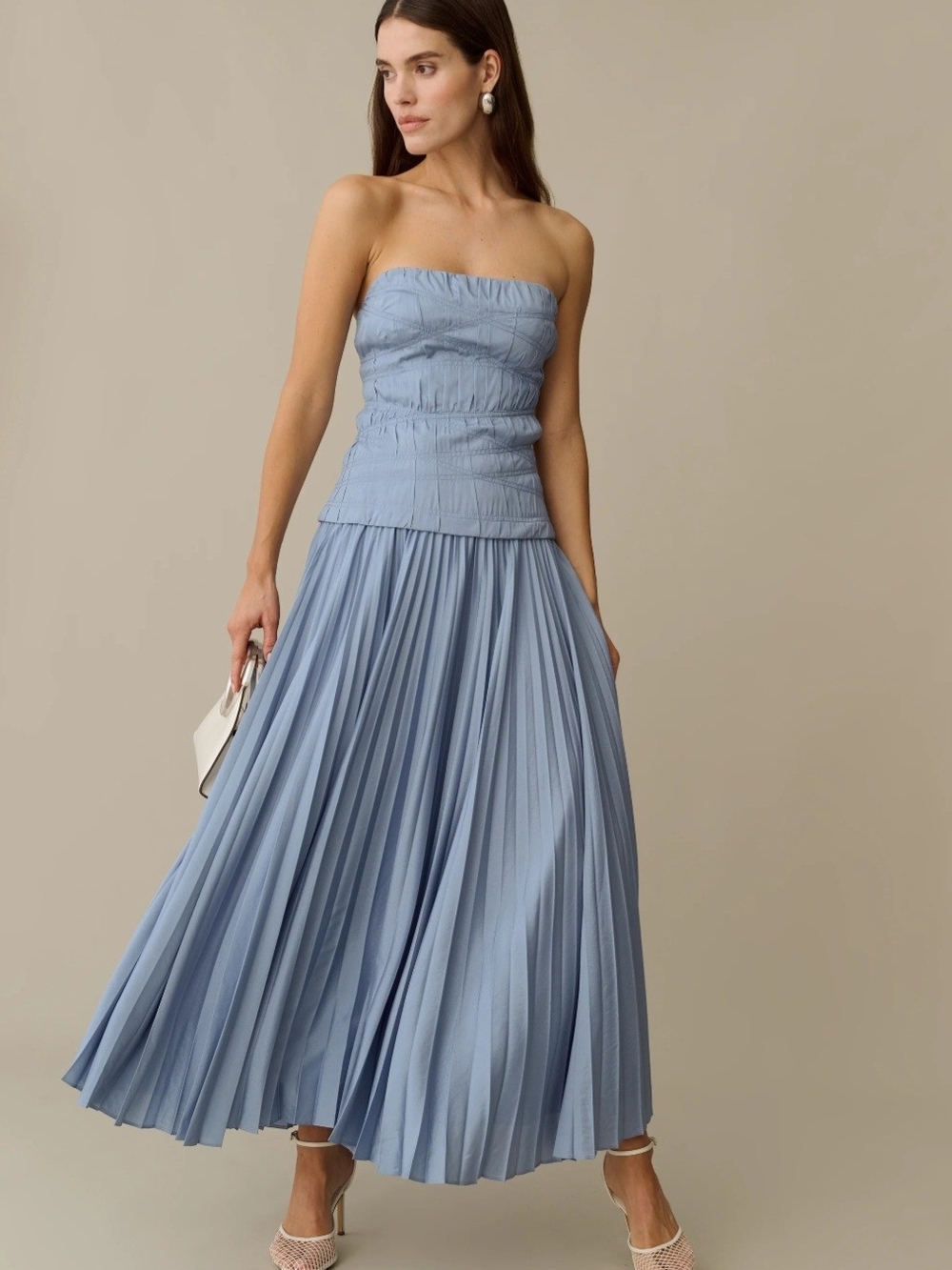 Strapless Pleated Maxi Dress in Light Blue